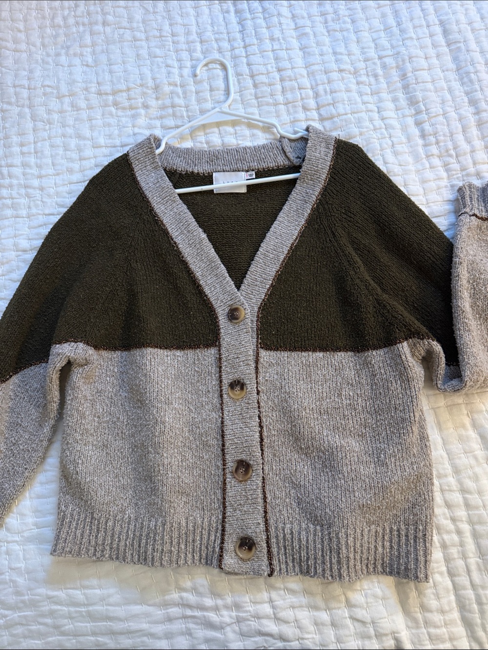 Lush Cozy Colorblock V-Neck Cardigan Sweater - Taupe & Olive